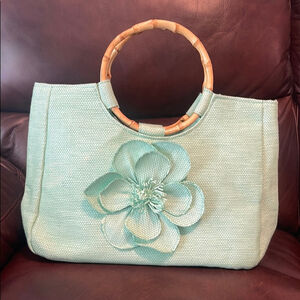 Neiman Marcus Green Tote with Bamboo Handles and Floral Detail